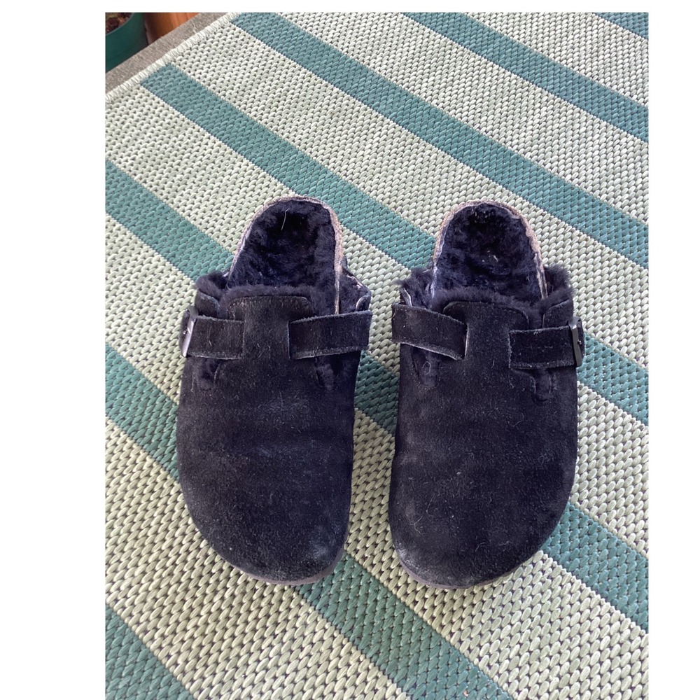 Birkenstock Boston Shearling Clogs Black Suede Mules Womens 39 L8 250mm